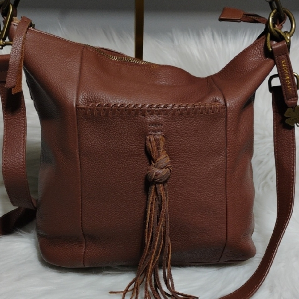 SALE! Lucky Brand Carmen Brown Leather Tassel Hobo/Bucket Shoulder Bag - Picture 3 of 15